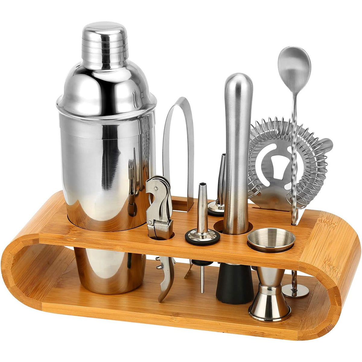 Cocktail Shaker Set 750ml Stainless Steel Bar Tools with Bamboo Stand