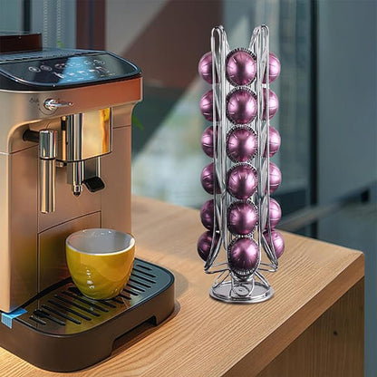24-Capsule Rotating Coffee Capsule Holder Rack - Silver
