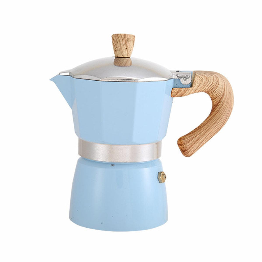 Premium Blue 150ml Portable Stovetop Espresso Coffee Maker with Wood Grain Handle