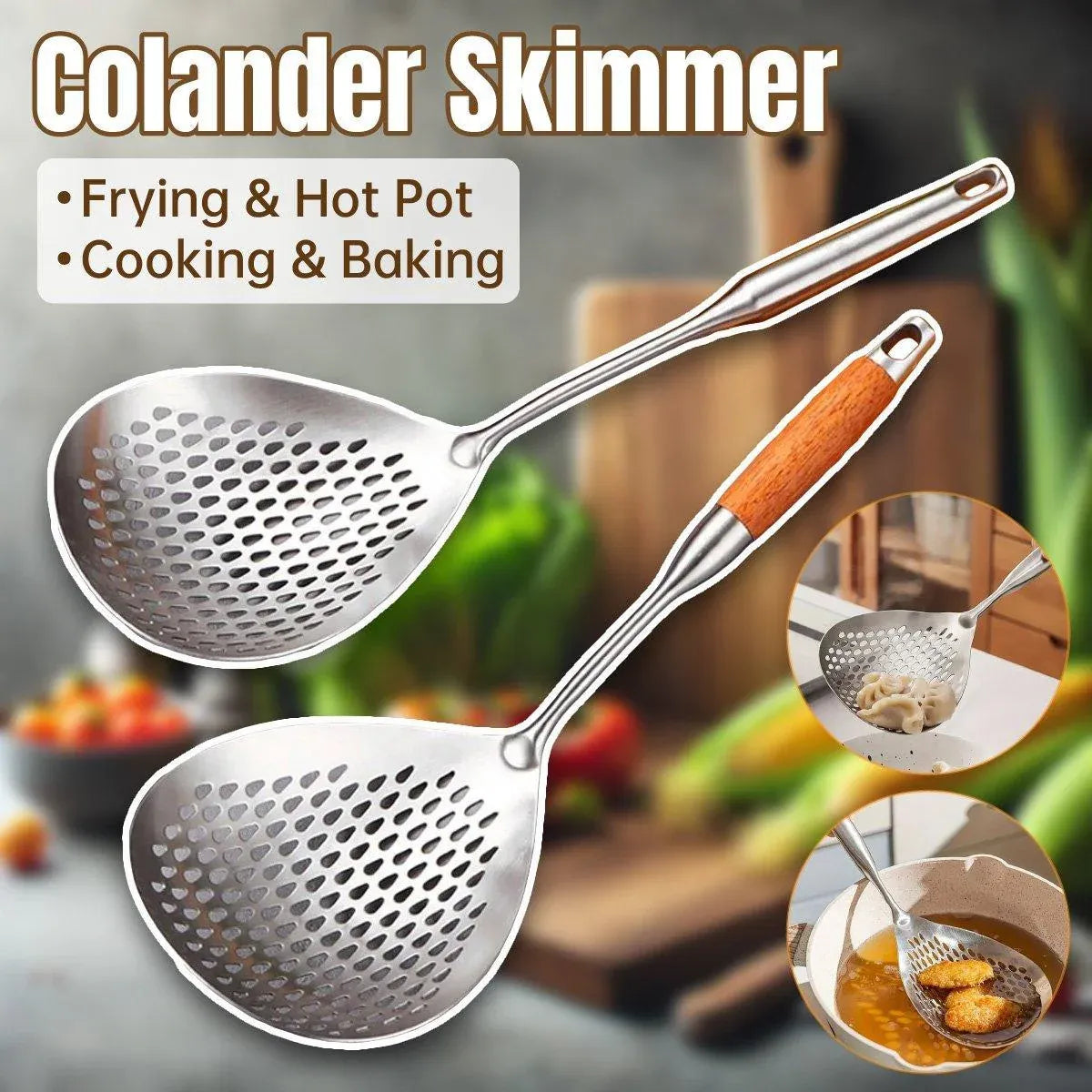 Premium 304 Stainless Steel Colander Strainer Spoon – Long Handle