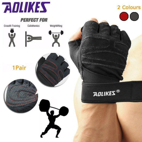 Aolikes Fingerless Weight Lifting Gloves with Anti-Skid Palm & Wrist Wrap - XL Red