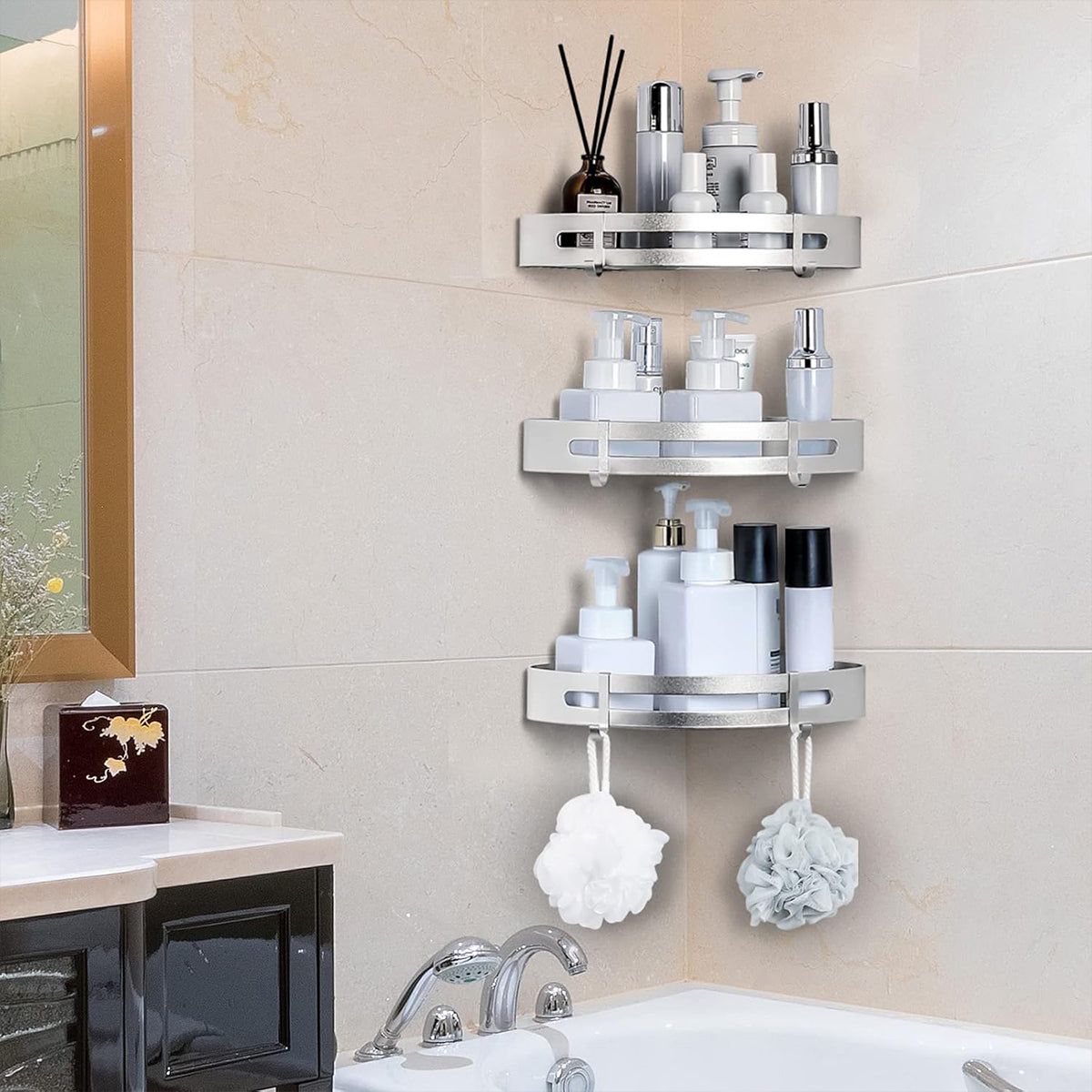 Premium Wall Mounted Stainless Steel Corner Shower Shelf with Rod Single Layer