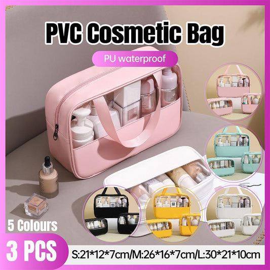 3pcs Cosmetic Makeup Bag Set, Large Waterproof Translucent PU/PVC Travel Storage - Black