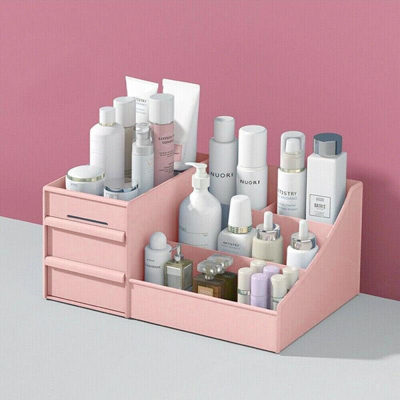 Premium Pink Cosmetic Makeup Organiser with Drawers and Open Storage Compartments