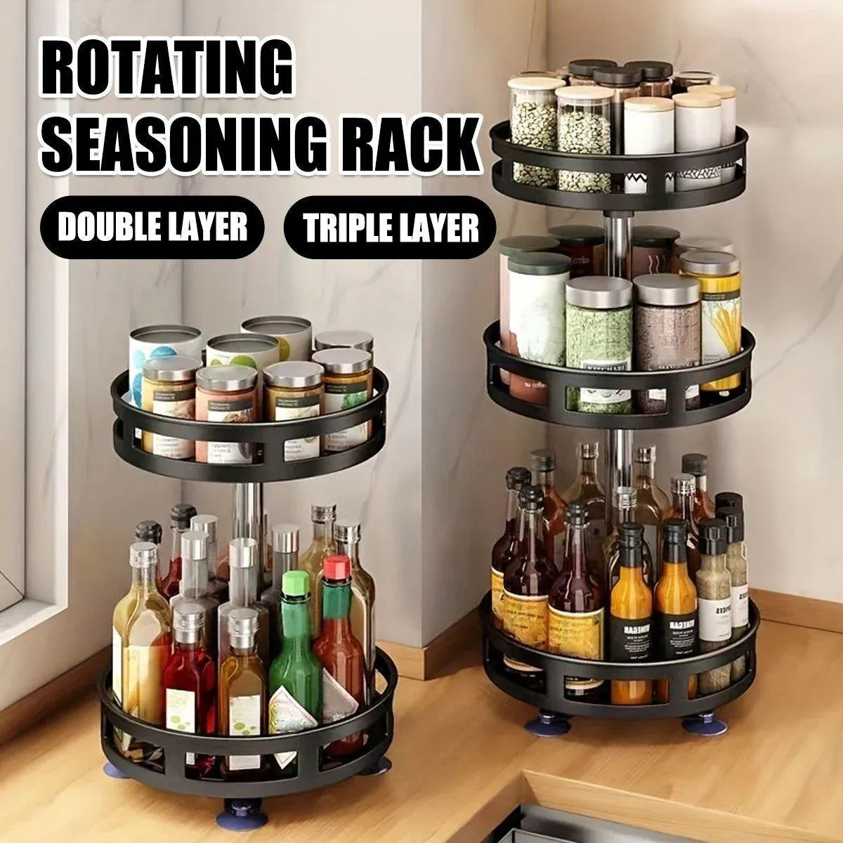 Premium Rotating Spice Rack – Black Adjustable Double Layer