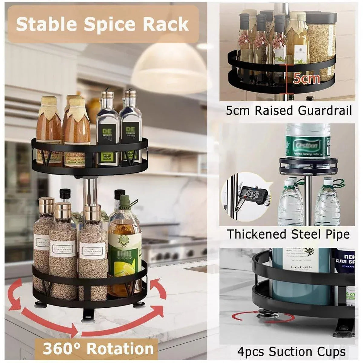 Premium Rotating Spice Rack – Black Adjustable Double Layer
