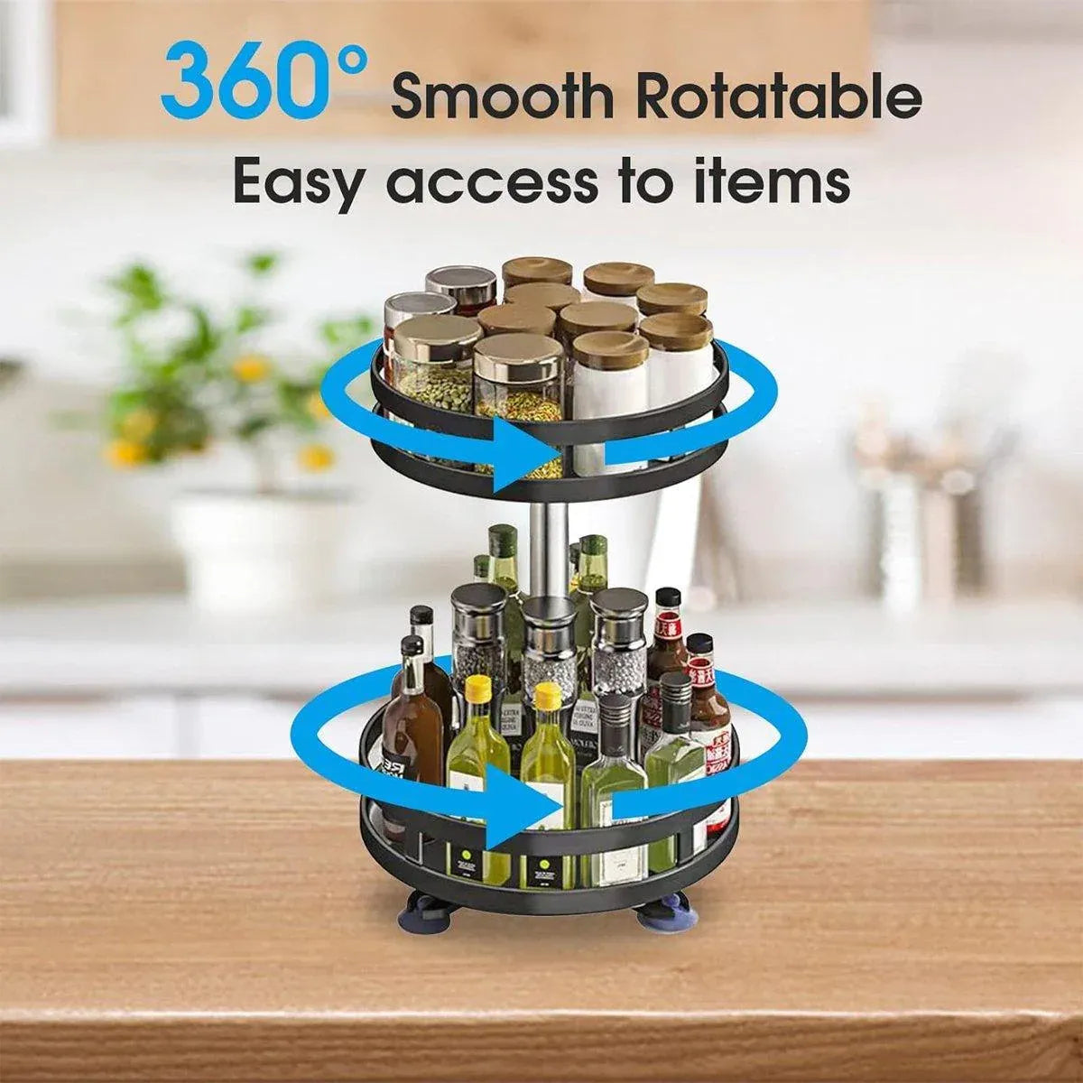 Premium Rotating Spice Rack – Black Adjustable Double Layer