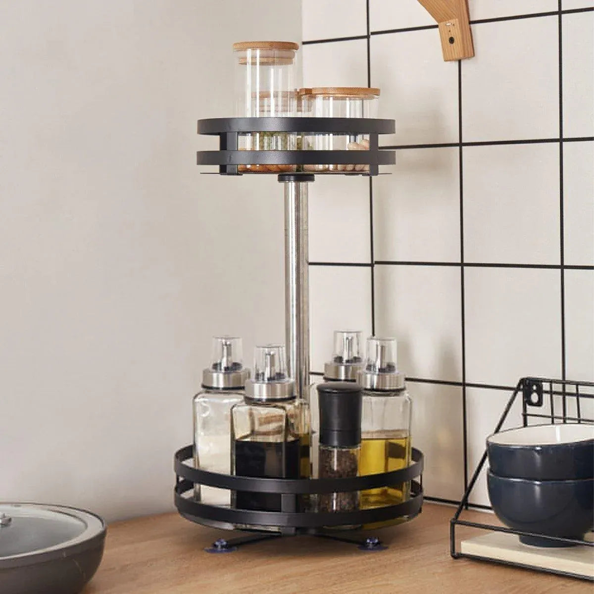 Premium Rotating Spice Rack – Black Adjustable Double Layer