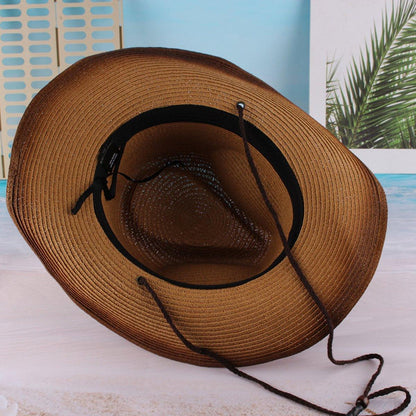 Outdoor Western Cowboy Hat Unisex Straw Hat Visor Hats Big Wide Brim Hat Summer - Coffee