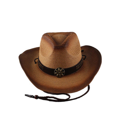 Outdoor Western Cowboy Hat Unisex Straw Hat Visor Hats Big Wide Brim Hat Summer - Coffee