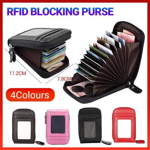 Premium Red RFID Blocking Leather Card Wallet with Coin Pocket
