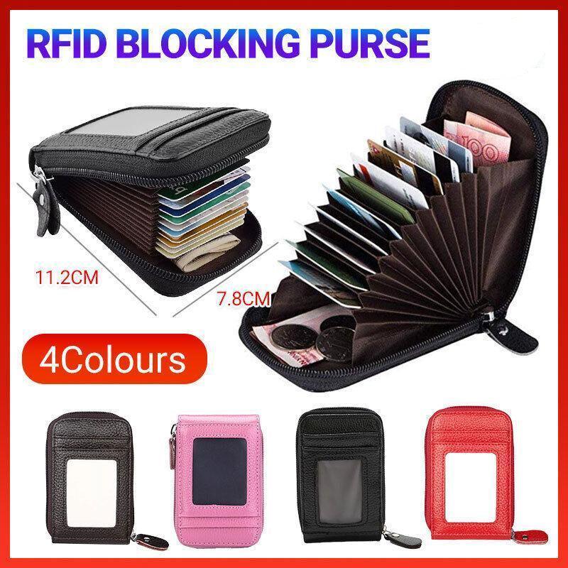 Premium Red RFID Blocking Leather Card Wallet with Coin Pocket
