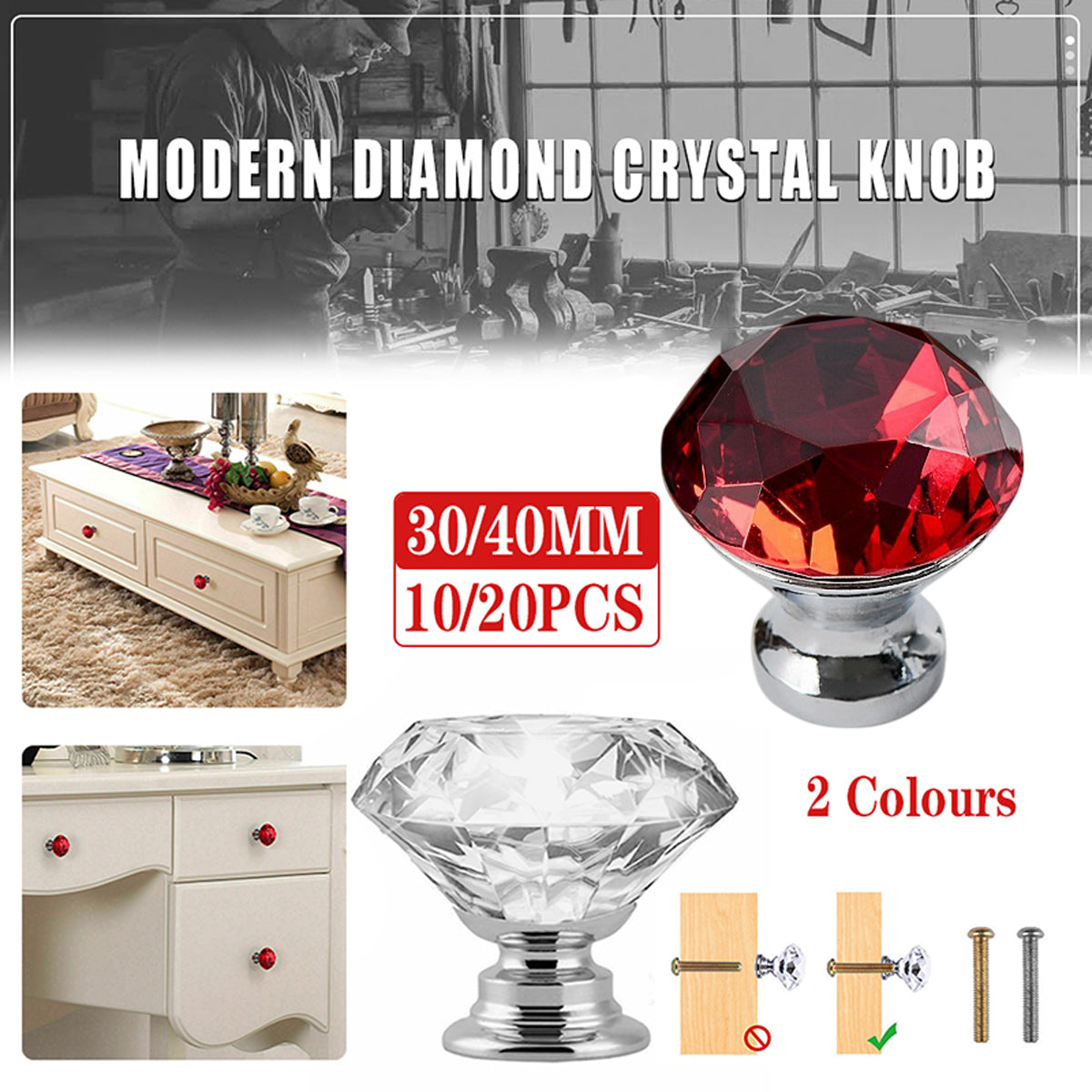 Door Knobs Handles Clear Crystal Diamond Glass Kitchen Cupboard Cabinet Pulls 40MM - Red-10PCS