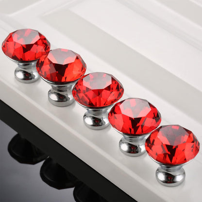 Door Knobs Handles Clear Crystal Diamond Glass Kitchen Cupboard Cabinet Pulls 40MM - Red-10PCS