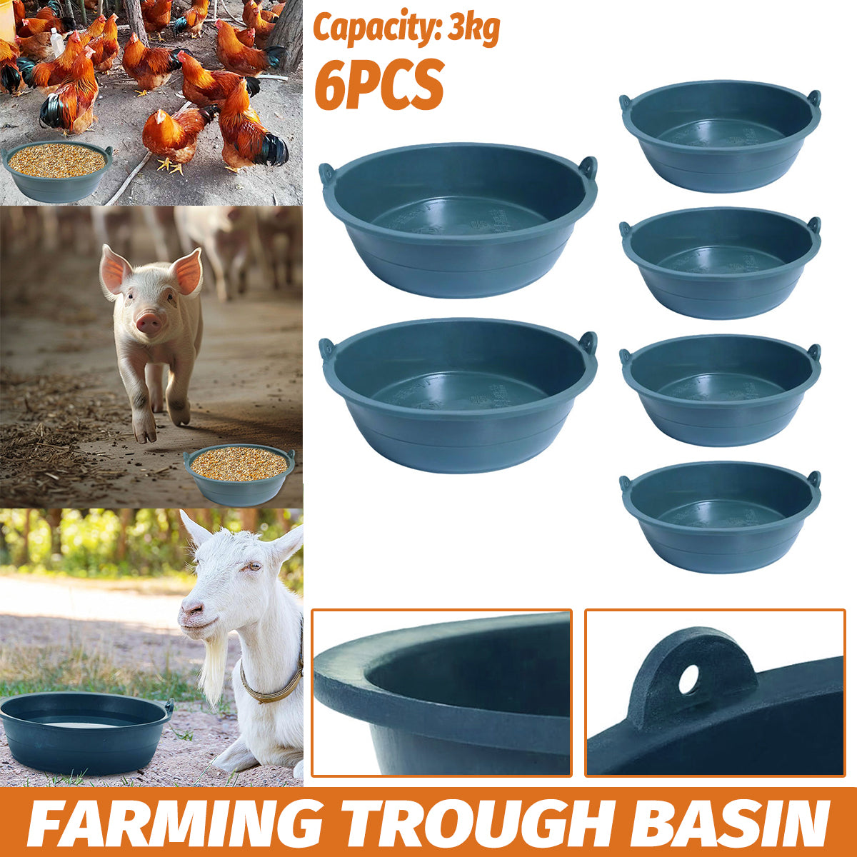 Plastic Feeding Basin Set 6pcs, 3kg Capacity for Chickens, Goats, Pigs, Horses