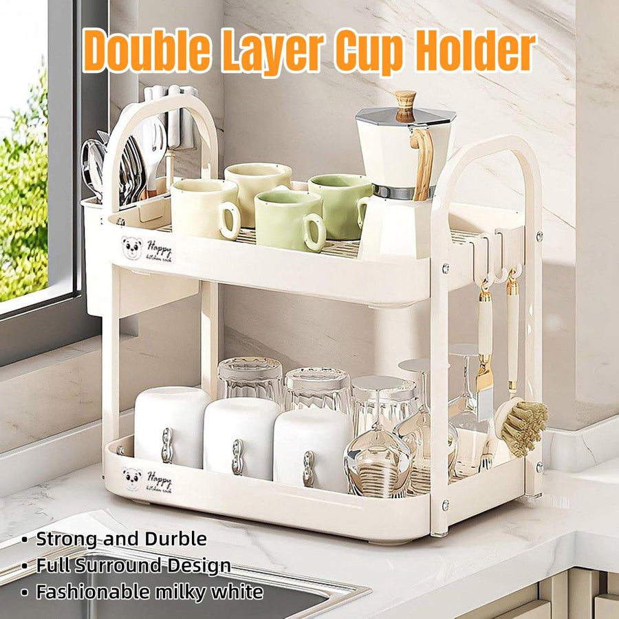 Elegant Double-Layer Cup Storage Rack 40cm x 34cm x 24.5cm with Drain Tray and Hooks - SuperSaverAU - view 1