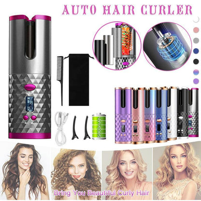 Premium Cordless Auto Rotating Ceramic Hair Curler with LCD Display - Grey