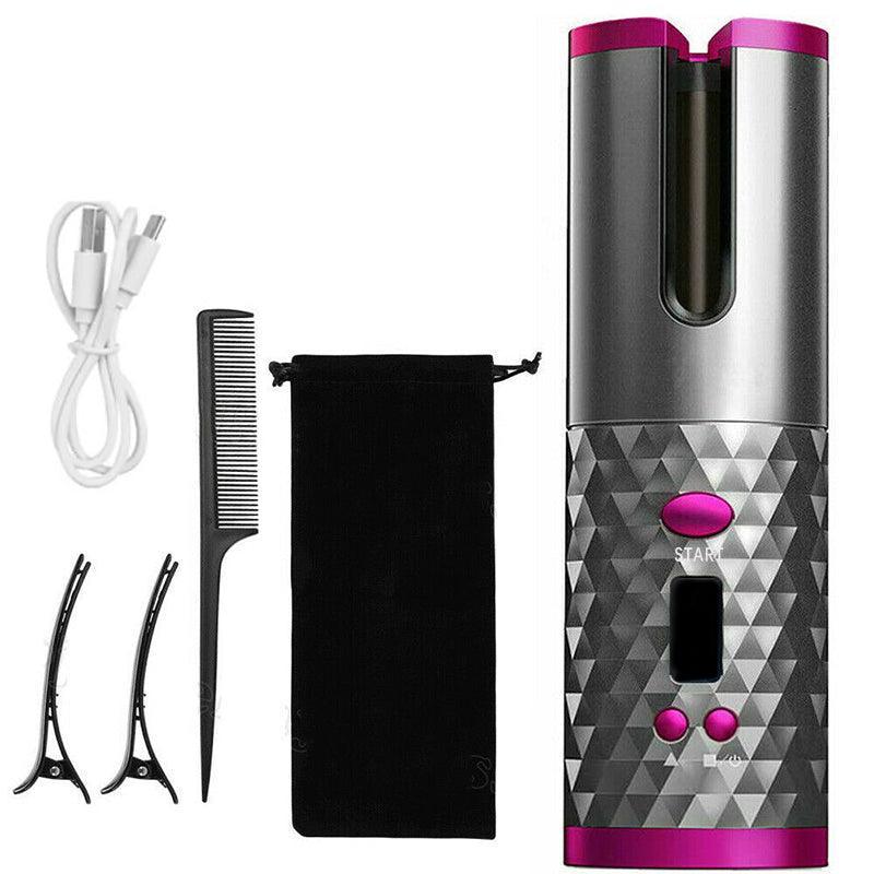 Premium Cordless Auto Rotating Ceramic Hair Curler with LCD Display - Grey