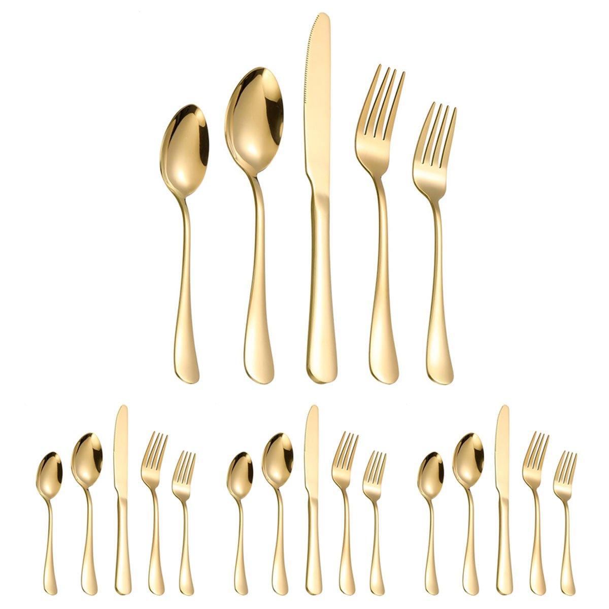 Stainless Steel Cutlery Set 20pcs - Ergonomic, Dishwasher Safe, Gold Finish