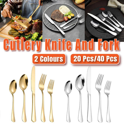 Stainless Steel Cutlery Set 40pcs - Ergonomic, Polished Finish, Gold