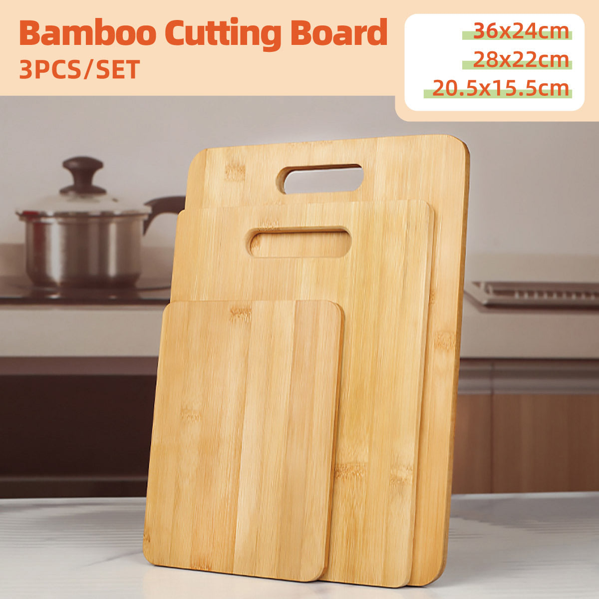 Bamboo Cutting Board Set 3PCS - Natural, Durable, with Handles, Various Sizes
