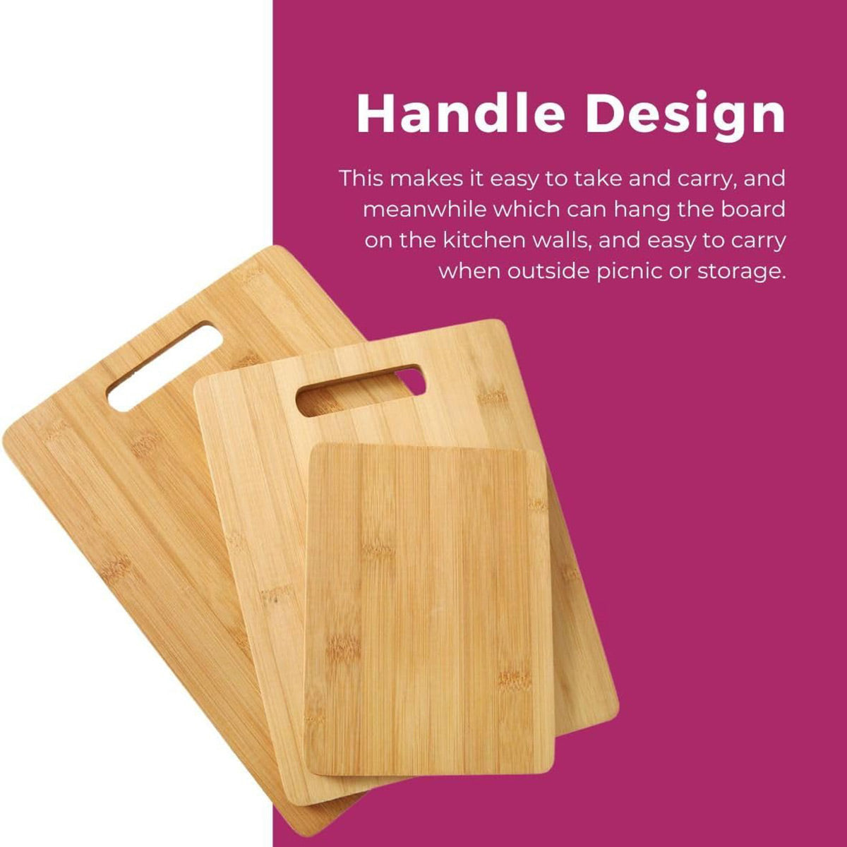Bamboo Cutting Board Set 3PCS - Natural, Durable, with Handles, Various Sizes