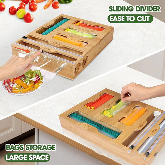 Bamboo Kitchen Storage Box for Plastic Wrap, Tin Foil, Paper Cutter, 42.6x35x10.1 cm