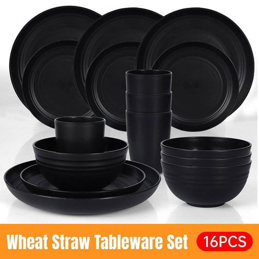 Eco-Friendly 16PCS Wheat Straw Portable Tableware Set - Black, Lightweight & Durable