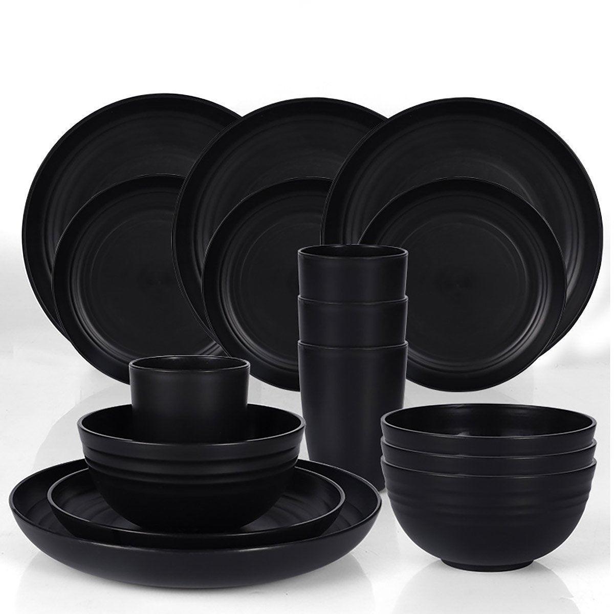 Eco-Friendly 16PCS Wheat Straw Portable Tableware Set - Black, Lightweight & Durable