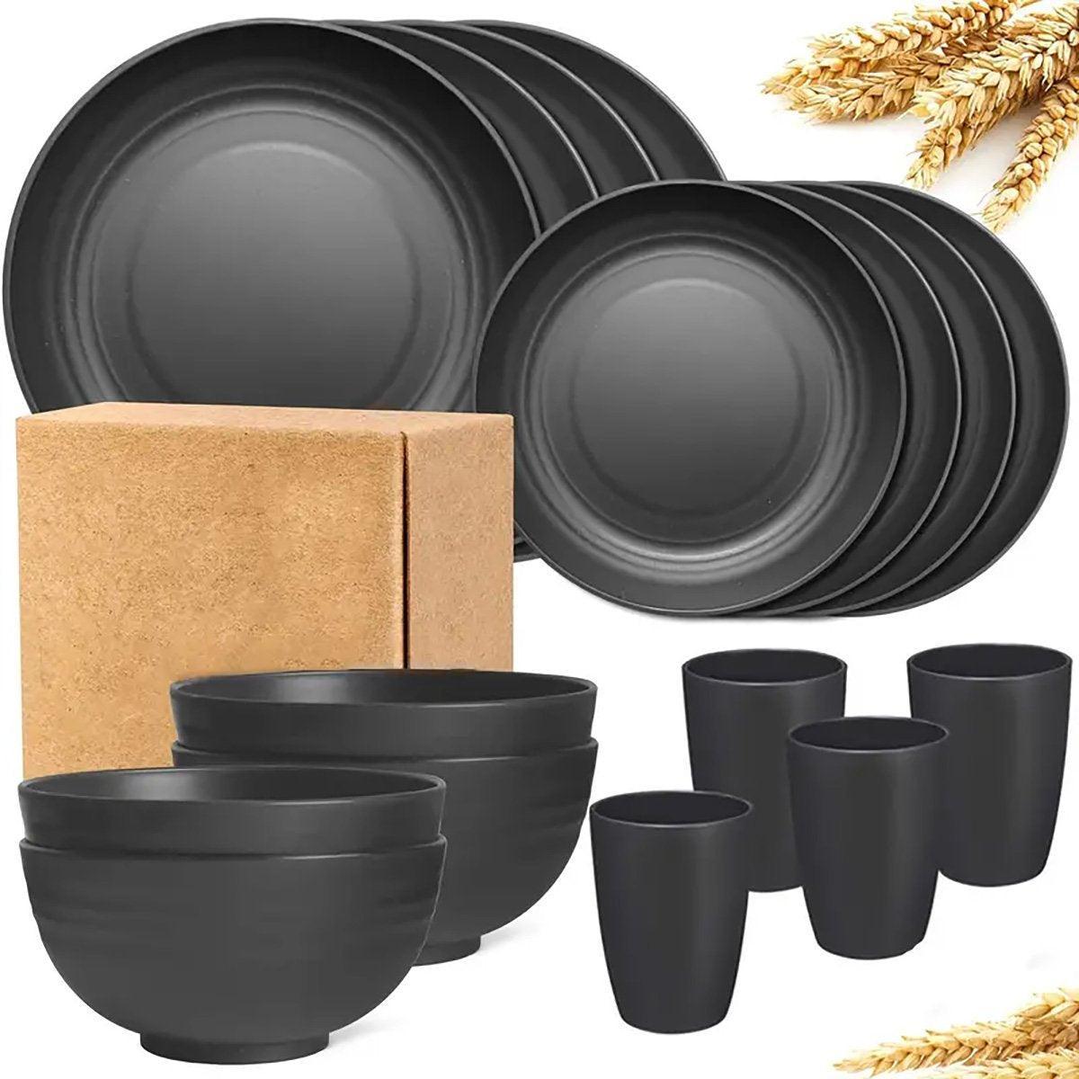 Eco-Friendly 16PCS Wheat Straw Portable Tableware Set - Black, Lightweight & Durable
