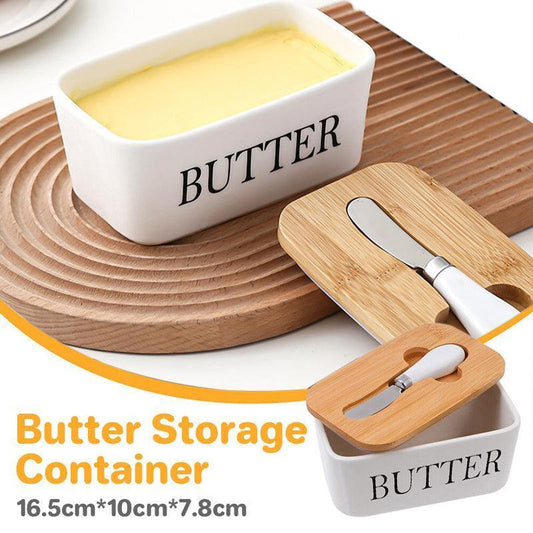 Ceramic Butter Dish Box with Bamboo Lid & Butter Cutter - White