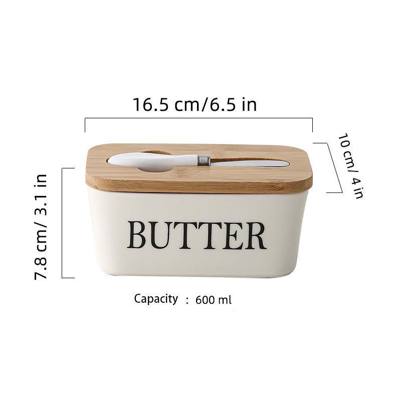 Ceramic Butter Dish Box with Bamboo Lid & Butter Cutter - White