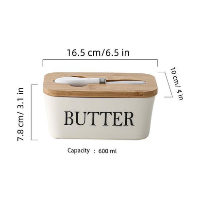 Ceramic Butter Dish Box with Bamboo Lid & Butter Cutter - White