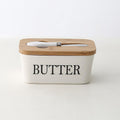 Ceramic Butter Dish Box with Bamboo Lid & Butter Cutter - White - SuperSaverAU - view 3