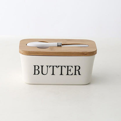 Ceramic Butter Dish Box with Bamboo Lid & Butter Cutter - White