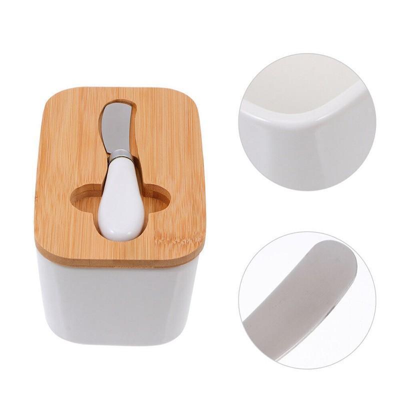 Ceramic Butter Dish Box with Bamboo Lid & Butter Cutter - White