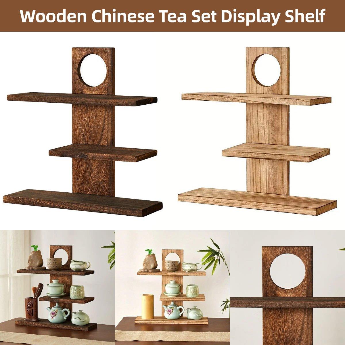 Wooden Desktop Tea Set Rack Display Stand Organizer Storage Shelf for Teaware - Brown