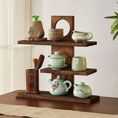 Wooden Desktop Tea Set Rack Display Stand Organizer Storage Shelf for Teaware - Brown