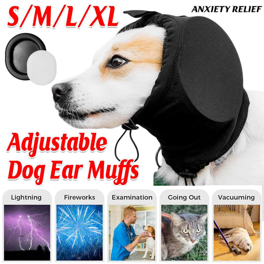 Black Adjustable Dog Ear Muffs Noise Reducing Pet Headwrap Protective Ear Cover - S