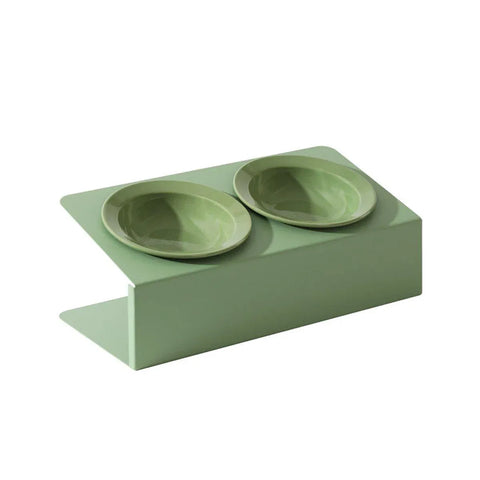 Premium Ceramic Slanted Double Pet Bowl with Non-Slip Stand - Green
