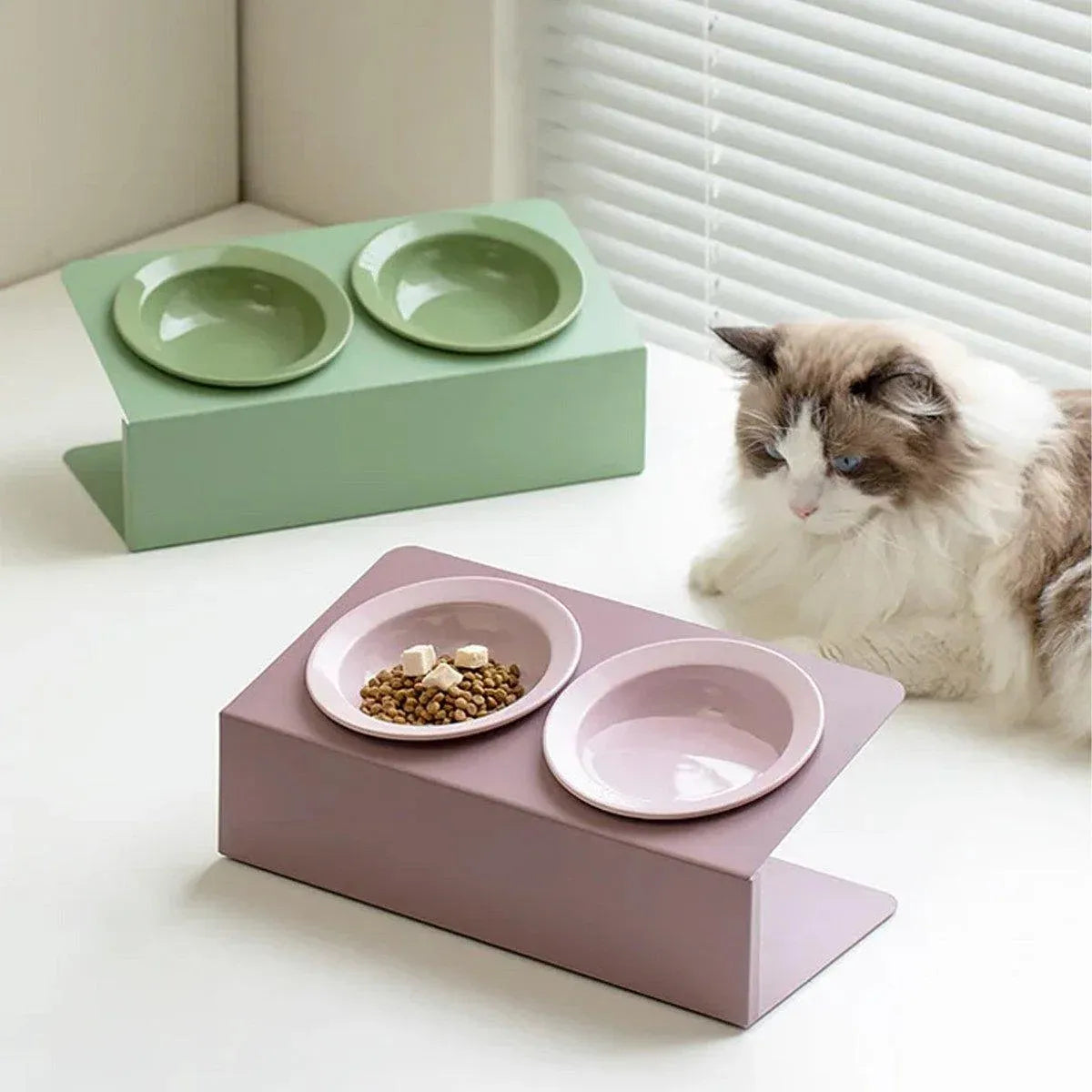 Ceramic Slant Double Bowl - Non-Slip Feeding Dish for Cats & Dogs - Purple