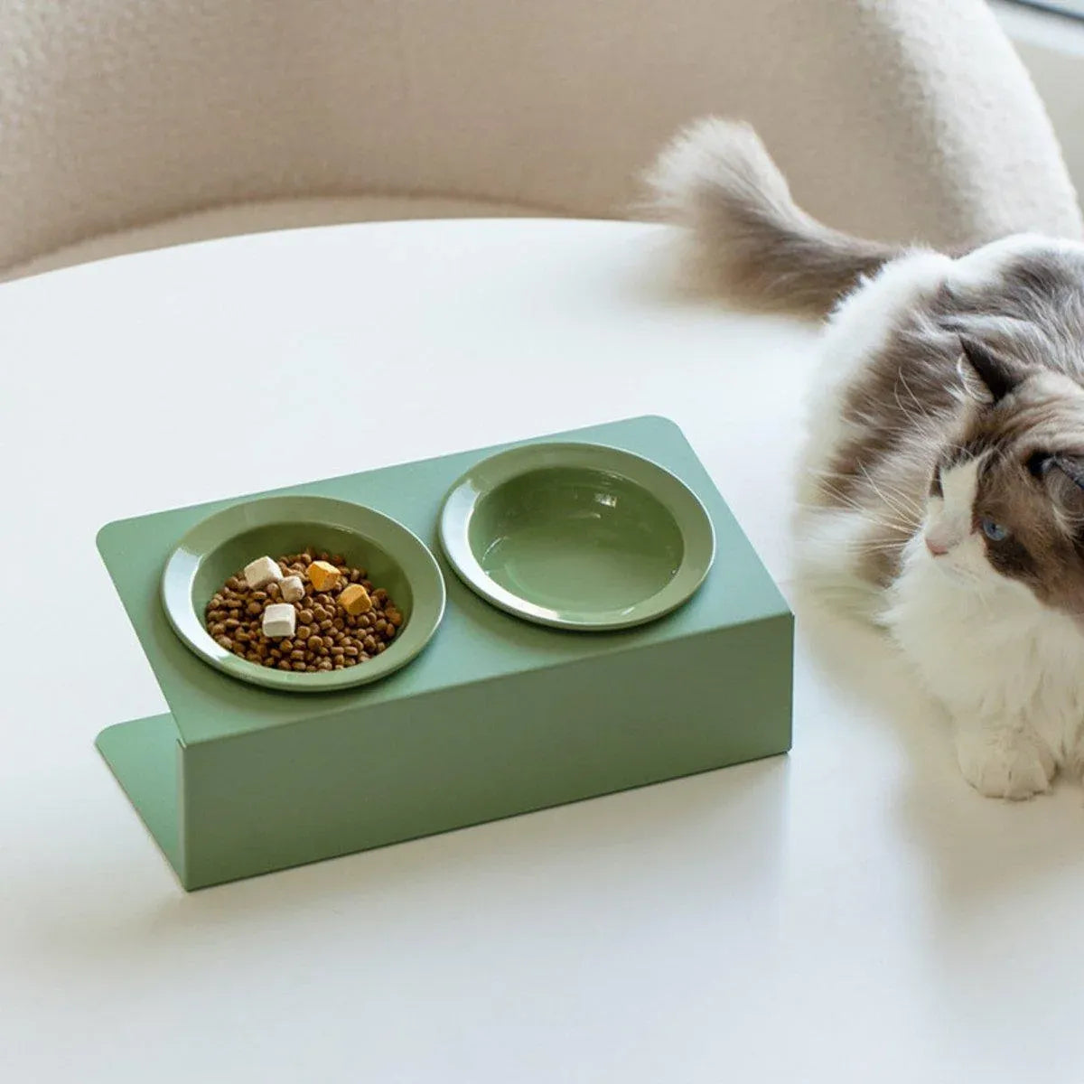Ceramic Slant Double Bowl - Non-Slip Feeding Dish for Cats & Dogs - Purple