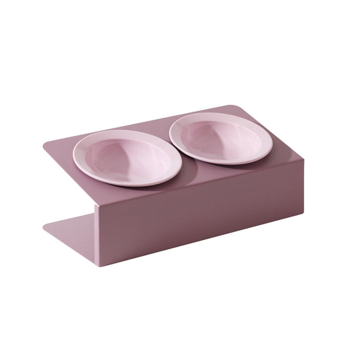 Ceramic Slant Double Bowl - Non-Slip Feeding Dish for Cats & Dogs - Purple