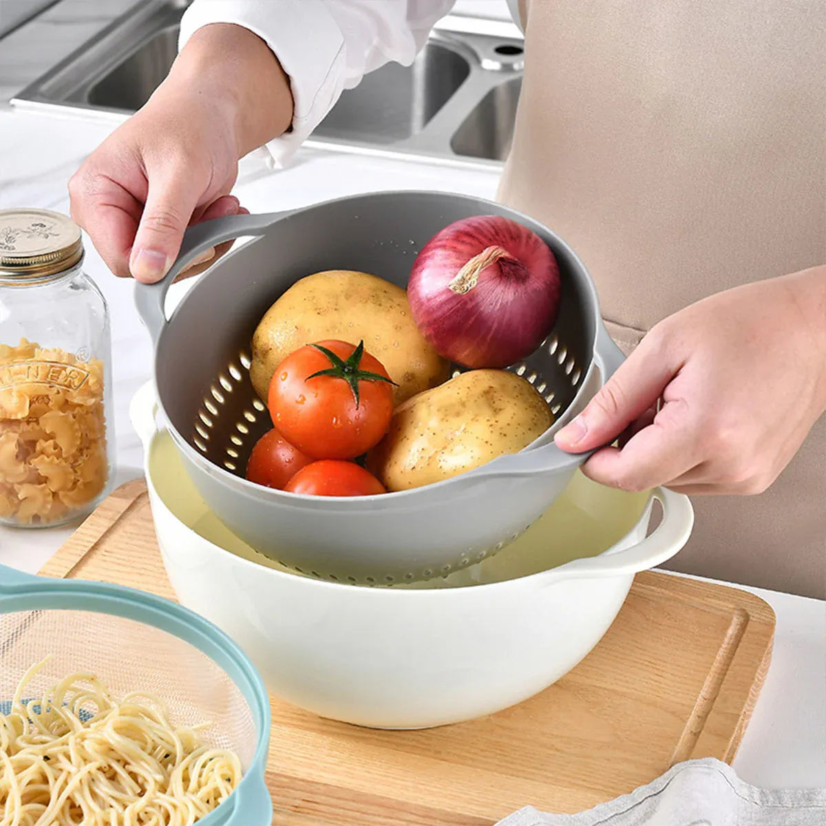 Premium 8 Piece Plastic Basin & Drain Basket Set
