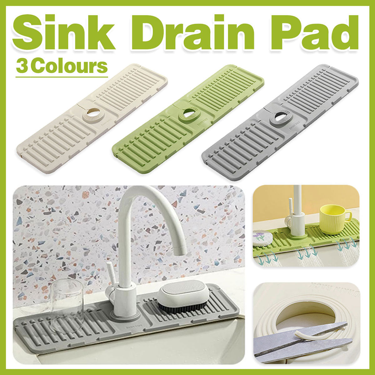 Premium Green Silicone Faucet Draining Pad Sink Splash Guard Mat 44.5x14cm