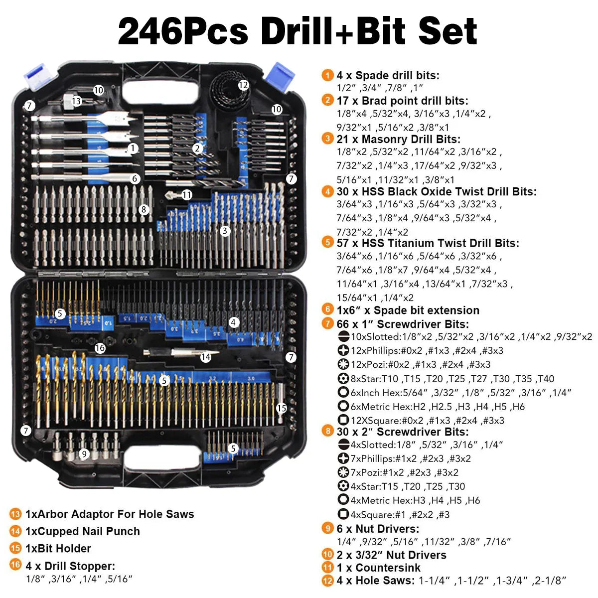Premium 246 Piece Drill Bit & Accessory Set with Storage Case