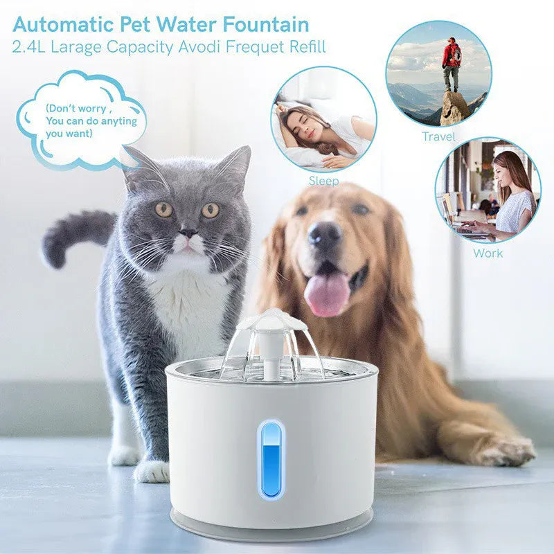 Premium 2.4L LED Pet Water Fountain with Stainless Steel Top