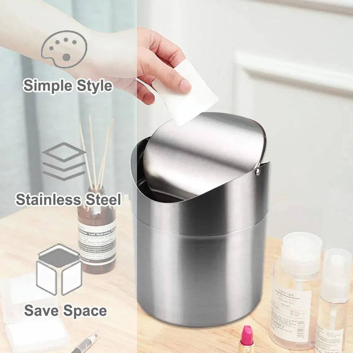 Premium Stainless Steel Mini Desktop Wastebasket – Silver