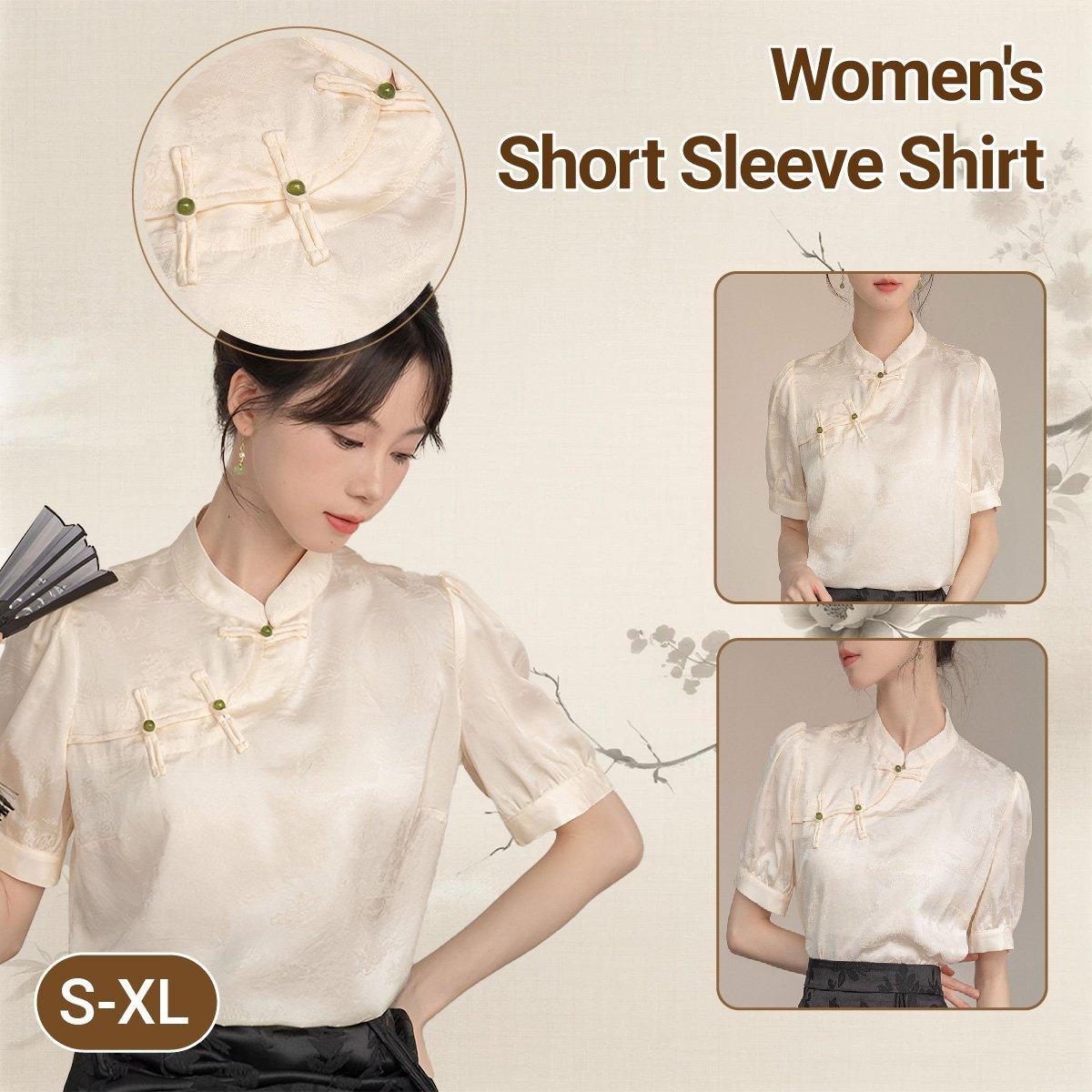 Elegant Satin Short Sleeve Blouse Women - Chinese Button Top Ivory S