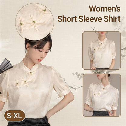 Elegant Satin Short Sleeve Blouse Women - Chinese Button Top Ivory S